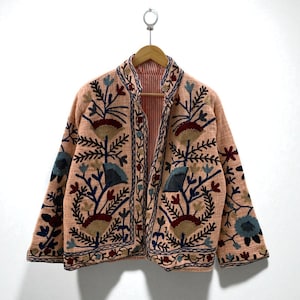 Indian Suzani Embroidery Short TNT Jacket, Women Bomber Coat, Cotton Jacket Bohemian Style, Gift For Her, Button Closer Quilted Jacket