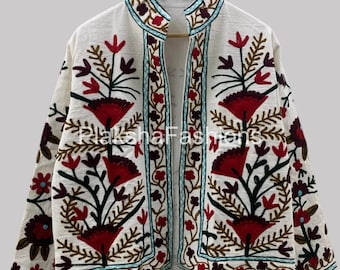 White Suzani Embroidered Cotton  Short Jacket, Vintage Suzani Jacket, Duster Jacket, Cotton  Bomber Jacket, Boho & Hippie Coat, Gift For Her