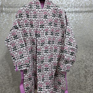 Hand Printed Floral Cotton Boho Robe, Long Length Lightweight Summer Cardigan, Loose Bohemian Beach Cover Up, Custom Vacation Kimono Jacket