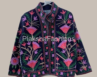 Chaqueta corta de terciopelo bordada con suzani hecha a mano, chaqueta vintage, chaqueta suzani floral, chaqueta de terciopelo, estilo bohemio hippie, regalo para ella.