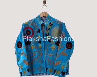 Hand-Embroidered Velvet Suzani Jacket | Boho Floral Statement Coat | Turquoise Vintage-Inspired Ethnic Outerwear | Festival Artistic Coat