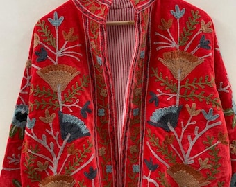 Red Velvet Suzani Embroidered Short Jacket – Spring Jacket |Vintage-Inspired Uzbek Coat |Statement Velvet Jacket for Women | Gift For Her