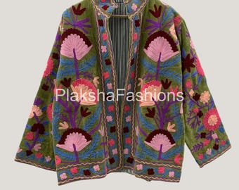 Indian Suzani Embroidery Jacket Floral Coat, Winter Suzani Jacket, Velvet Kimono Coat, Suzani Coat, Outerwear, Travel Jacket, Gift For Her