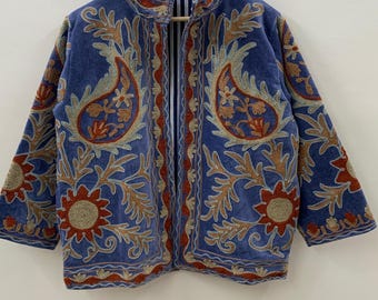 Blue Embroidered Suzani Velvet Jacket, Indian Unique Suzani Coat, Bridesmaid Gift, Winter Jacket, Women's Coat, Suzani Jacket Gift For Her