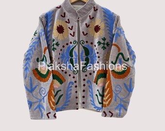 Velvet Suzani Jacket, Boho Embroidered Coat, Handmade Suzani Kimono, Uzbek Embroidery Jacket, Bohemian Outerwear, Statement Velvet Jacket
