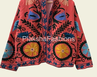 Hand Embroidered Jacket, Cotton Suzani Coat, Handmade Suzani Cotton Boho Jacket, Warm Summer Coat, Short Jacket, Women's Winter Wear Jacket