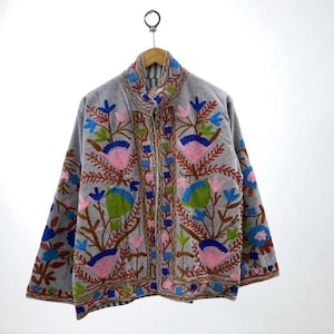 Suzani Hand Embroidered Velvet Short Jacket, Handmade Street Jacket, Suzani Bomber Jacket, Pure Velvet Jacket, Boho & Hippie, Gift For Her
