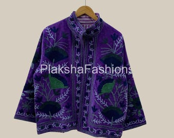 Chaqueta corta de terciopelo bordada con suzani hecha a mano, chaqueta étnica de terciopelo, chaqueta suzani floral, chaqueta bomber, abrigo bohemio e hippie, regalo para ella.