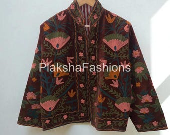Floral Embroidered Suzani Velvet Short Jacket, Ethnic Suzani Floral Coat, Bridesmaid Gift, Winter Jacket Jacket, Women's Coat, Suzani Jacket