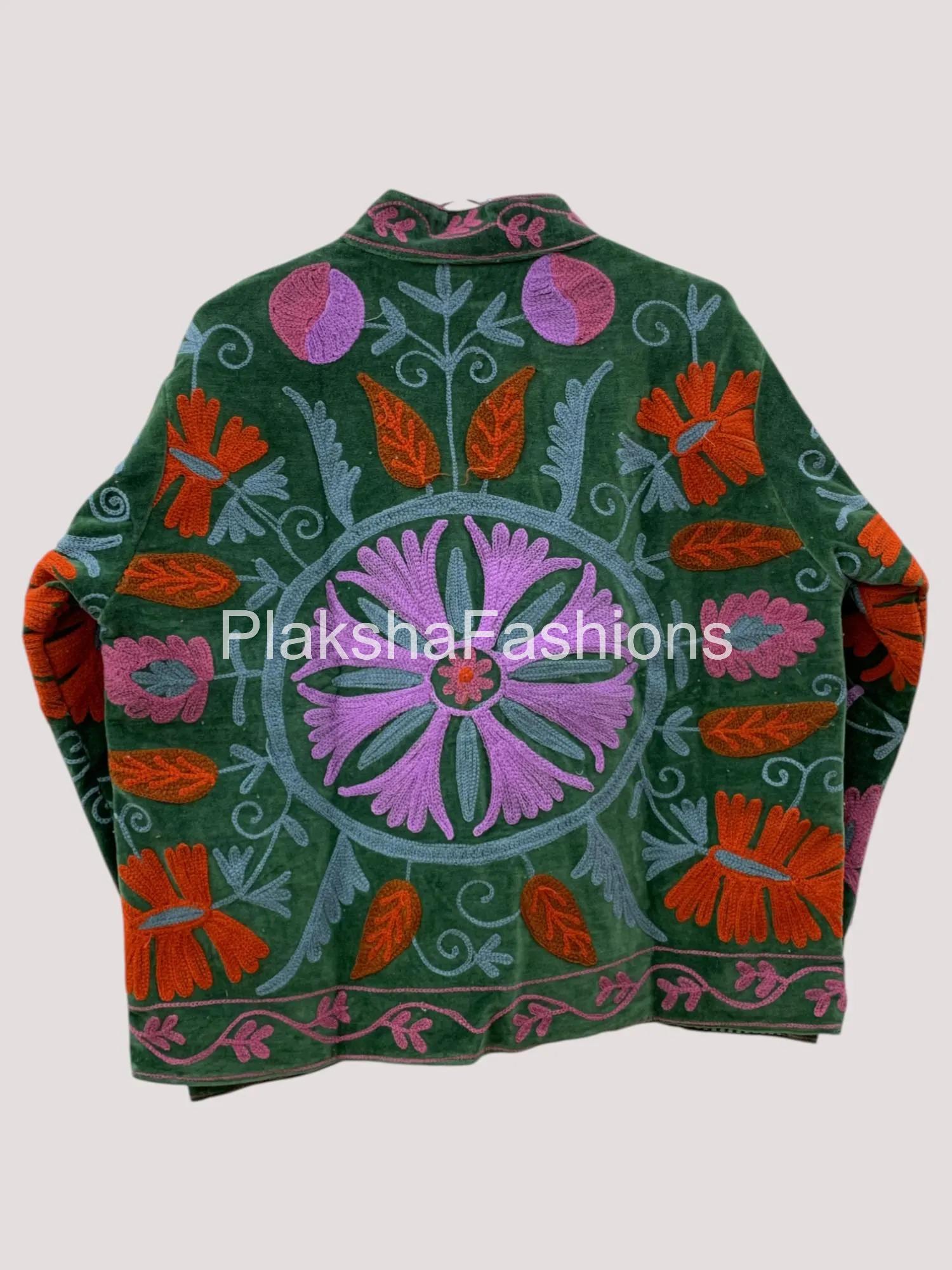 Green Velvet Suzani Embroidered Short Jacket | Handmade Spring