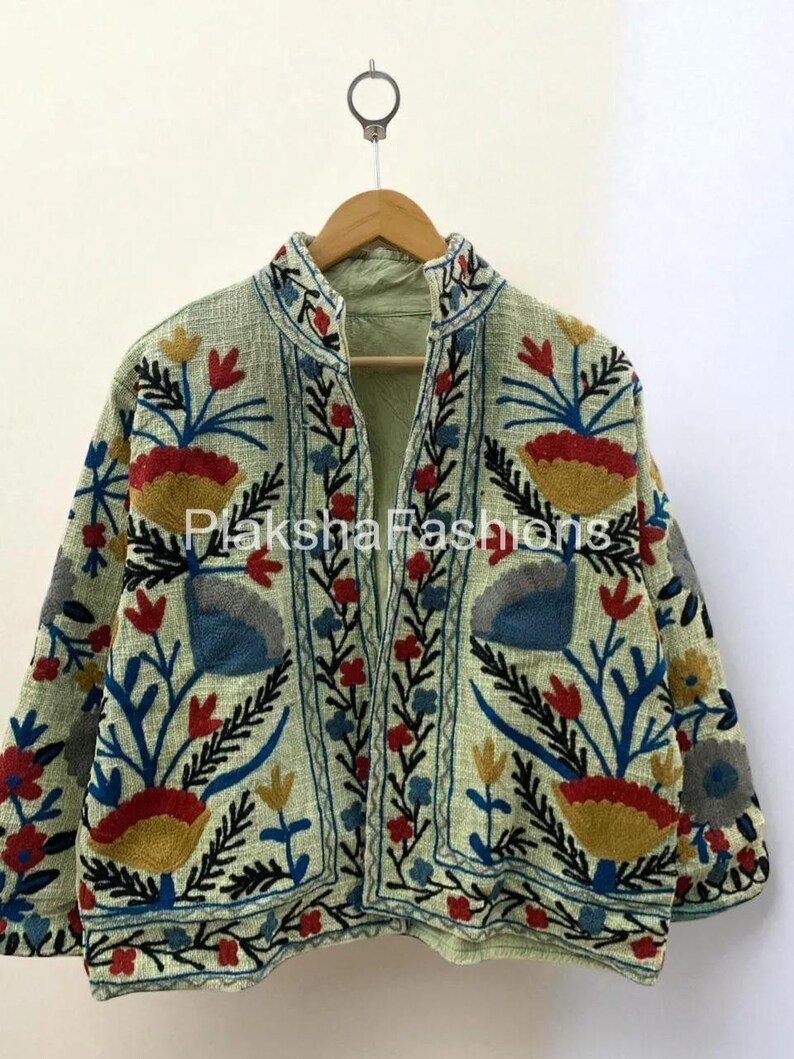 Boho Green Suzani Short TNT Floral Jacket, Embroidery Bomber Jacket ...
