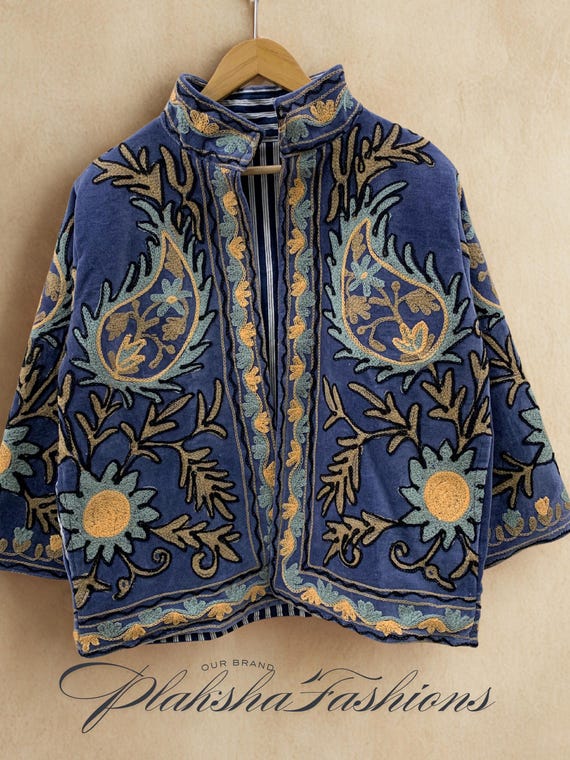 Blue Embroidered Suzani Velvet Jacket, Indian Unique Suzani Coat, Bridesmaid Gift, Winter Jacket, Women's Coat, Suzani Jacket Gift For Her