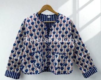 Blue Floral Quilted Cotton Crop Jacket | Block Print Jacket | Reversible Handmade Coat | Women's Lightweight Cotton Jacket | Gift For Her
