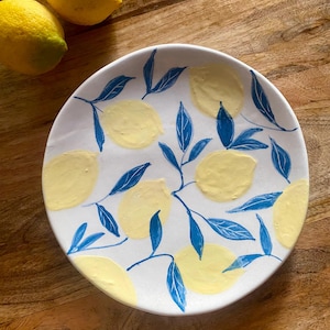 Hand-Painted Ceramic Plate – Lemon & Blue Leaf Design – Mediterranean Style Tableware