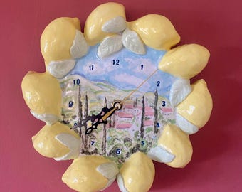 Handmade Ceramic Wall Clock with Sculpted Lemons – Mediterranean Kitchen Decor – Tuscan Countryside Design 30cm