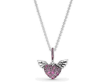 Heart & Angel Wings Necklace Custom-Made S925 Pink Stones Wings Pendant: Embrace Freedom with a 45cm Adjustable Chain