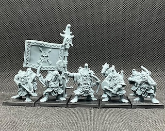 May include: A set of six gray plastic fantasy miniatures, including a standard bearer with a skull and crossbones flag, and five archers. The miniatures are posed in a battle formation.