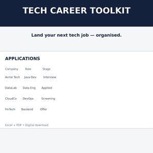 May include: A digital Tech Career Toolkit document featuring a dark blue header with white text. The body displays an Applications table with columns for Company, Role, and Stage, listing entries like Acme Tech, DataLab, CloudCo, and FinTech. Includes Excel + PDF digital download text.