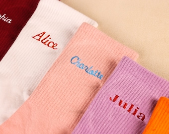 Chaussettes personnalisées pour homme et femme - Chaussettes rondes en coton doux avec nom brodé personnalisé