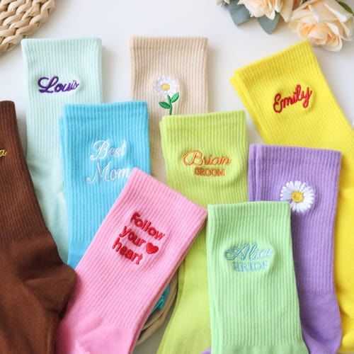 Custom Embroidered Socks, Unisex cotton Socks withPersonalized Text Logo, Bachelorette Party Gift