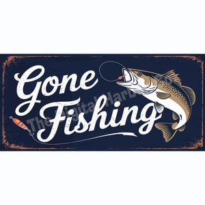 Descarga digital de alta calidad: Letrero de madera y metal "Gone Fishing"