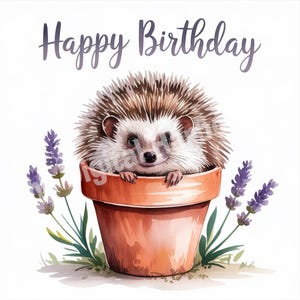 Cartão de aniversário para imprimir Ouriço em um vaso de flores Feliz aniversário