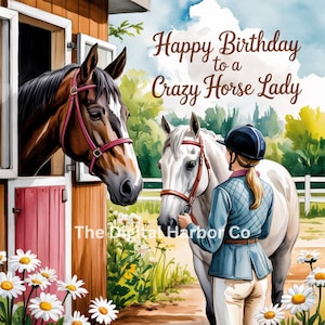 Cartão de aniversário para impressão Feliz aniversário para uma senhora louca por cavalos