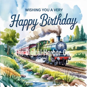 Cartão de aniversário para impressão Steam Train Country Side