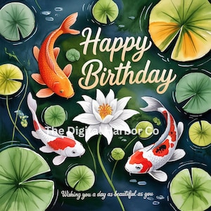 Cartão de aniversário para impressão Frente Feliz aniversário Lilly Pond Koi Carp