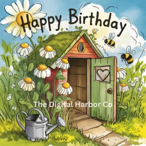 Cartão de aniversário para impressão Feliz aniversário Garden Shed