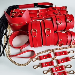 Premium Handmade Thigh Cuffs Leather Set - 14 items (collar, leash, belt, hand, thigh, ankle, cuffs) - 7 color variations