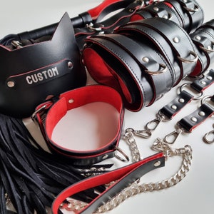 Premium Handmade Sub Cuffs Leather Set - 14 items (collar, leash, belt, hand, thigh, ankle, cuffs) - 7 color variations