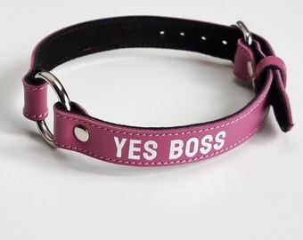 Custom Name Leather Collar (7 Colors), Chain Leash Collar Choker, O Ring Choker for Women, Custom Engraving Choker, Pink Leather Collar