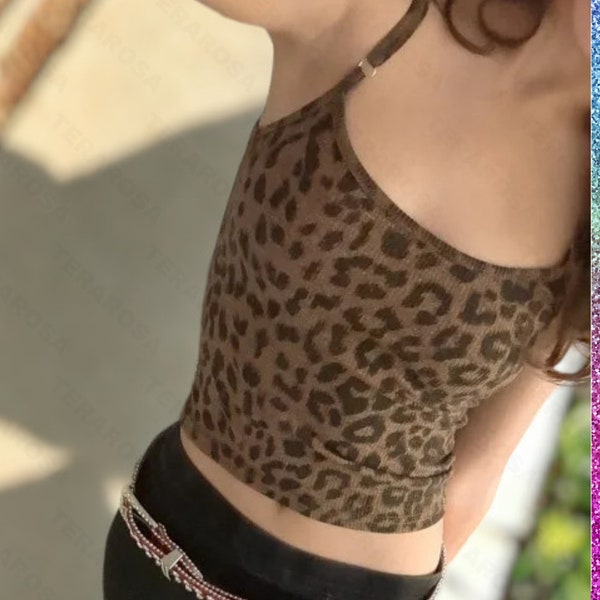 Retro Leopard gedruckt Tank Top Frauen-Sommer-Crop-Top Y2k Spaghetti-Bügel-Sommer-Tank Top Streetwear-Stil schickes bedrucktes Top Lässige Outfit