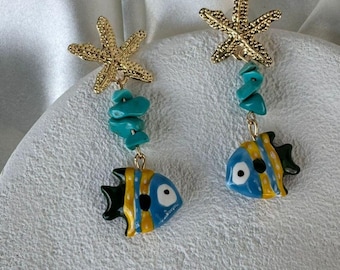 Gold Seestern & Türkis Fisch Ohrringe - Ozean inspirierter Schmuck