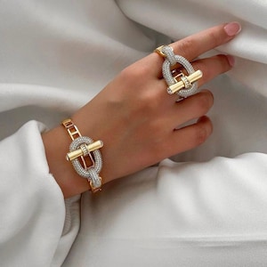 Sparkle & Shine: Zircon Stone Jewelry Set for Her-Perfect Valentine's Day Gift, Zircon Earrings Double Finger Ring Woman Gift Bracelet
