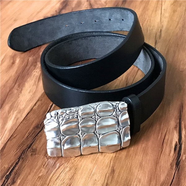 Alligatorhuid riemgesp: zilver kaaimanpatroon, past op riemen van 4 cm - GS01as
