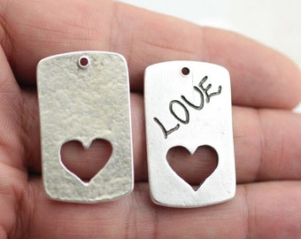 5pcs Love Dog Tag Charms, Heart Cutout Pendant, Romantic Message Charm, Rectangle Metal Tags, DIY Jewelry Making Supplies - zm542as