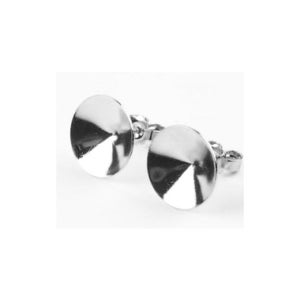 May include: A pair of shiny, silver-colored stud earrings. Each earring features a circular, flat disc design with a reflective surface. The earrings are set against a white background, highlighting their polished appearance.
