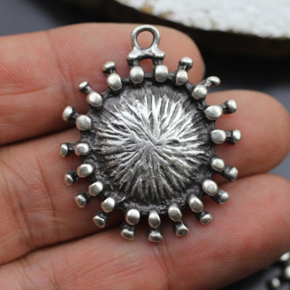 Tribal Sunburst Charms: Antique Silver Lotus Flower Pendants
