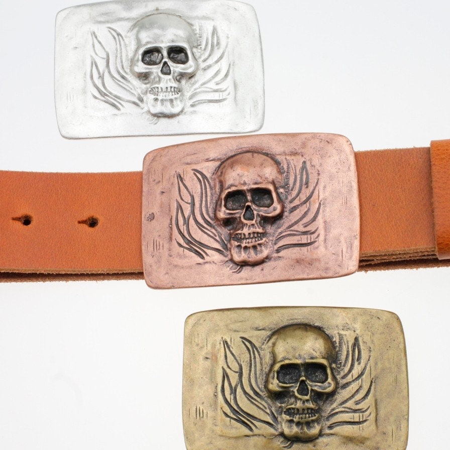 Skull Belt Buckle Antique Silver, Biker Belt Buckle, Flaming Skull