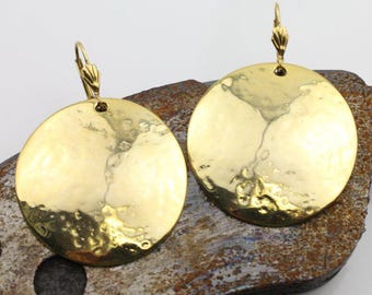Gold Gehämmerte Ohrringe, Runde Ohrringe, Große Ohrringe, Handgemachte Ohrringe, 1 Paar - ZM270go-e