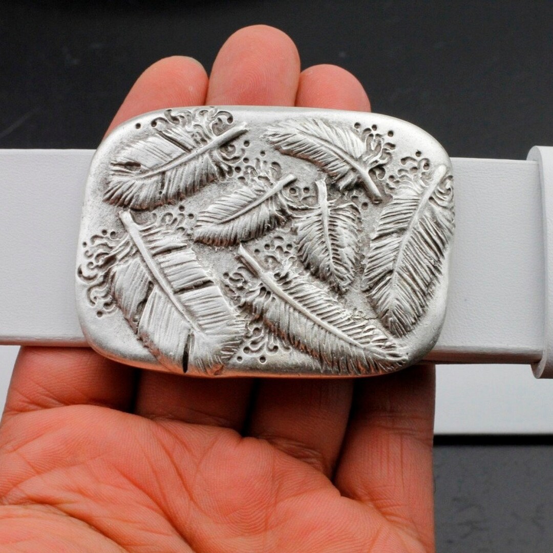 Feather Belt Buckle: Antique Silver Pewter, Fits 4cm Belt  display picture 3