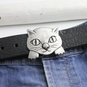 Dark Silver Cat Face Belt Buckle, Cute Kitten Belt Hardware, Funny Jeans Buckle, Whimsical Animal Belt, Adjustable Unisex Accessory  GS237ds