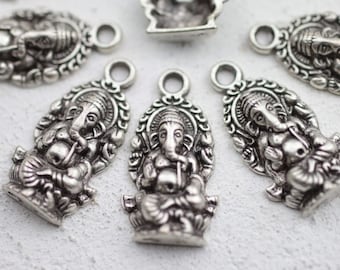 10pcs Ganesha Charms: Sterling Silver Plated Indian God Pendants - zm201as