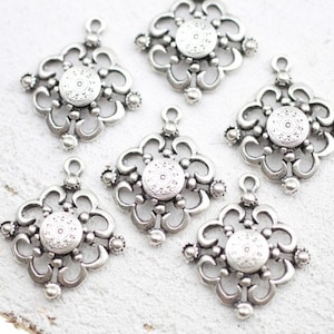 10pcs Silver Filigree Charms Pendant, Ethnic Silver Charms, Authentic Earrings Charms, Flower Necklaces, Floral Turkish Jewelry, ZM581as