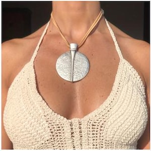Boho Statement Pendant Necklace | Large Hammered Round Medallion | Antique Silver Disc on Leather Cord | Bohemian Jewelry Gift P05