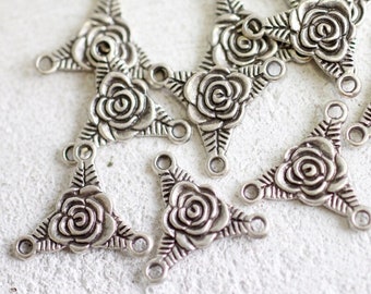 10 st. antika silverros-berlocker med 3 hål, Zamak-detaljer för DIY-smyckestillverkning - zm02as