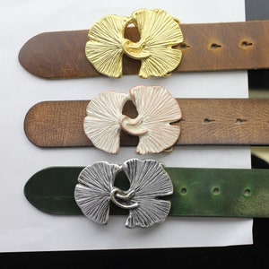 Floral Belt Buckle, Antique Silver Ginkgo Leaf Belt Buckle, Nature Inspired Snap Buckle For Leather Strap, Elegant Boho Belt Accessory GS180