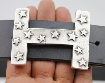 スターベルトバックル：アンティークシルバー イニシャルH、4cmベルト